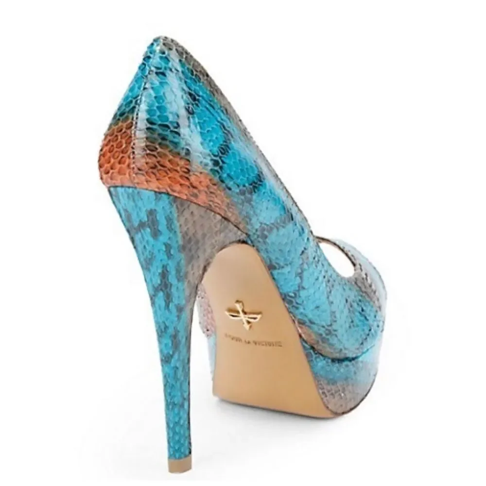 Pour La Victoire Snakeskin Peep-Toe Platform Heels – Size 8.5